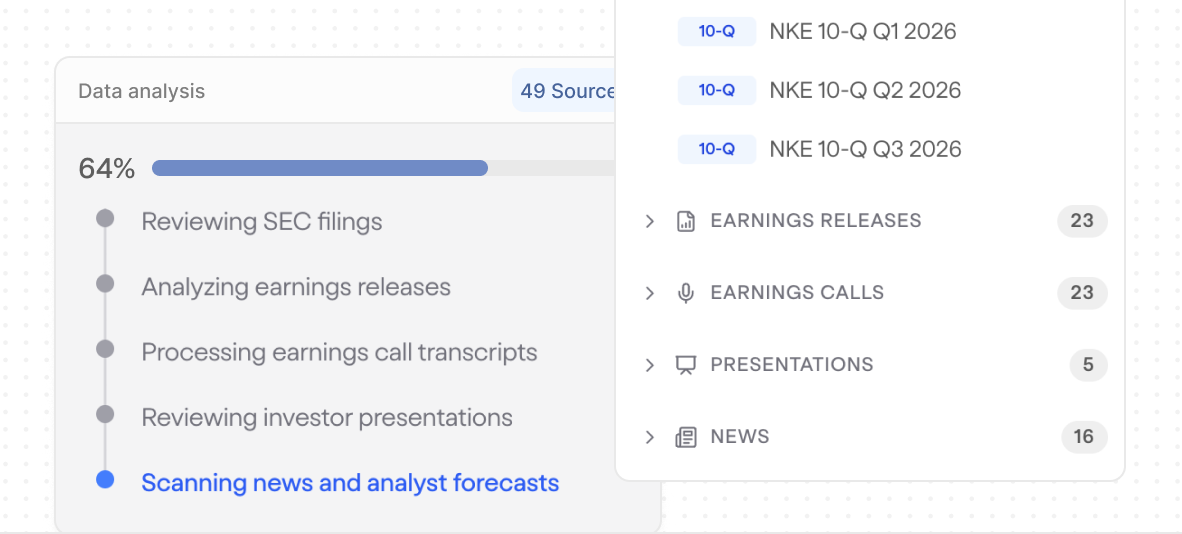 Data analysis across SEC filings, earnings releases, call transcripts, investor presentations, and calendar events