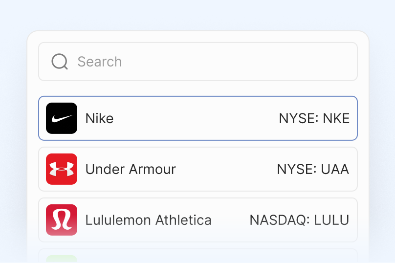 Search for a company from the full universe of US-listed tickers (Nike, Under Armour, Lululemon).